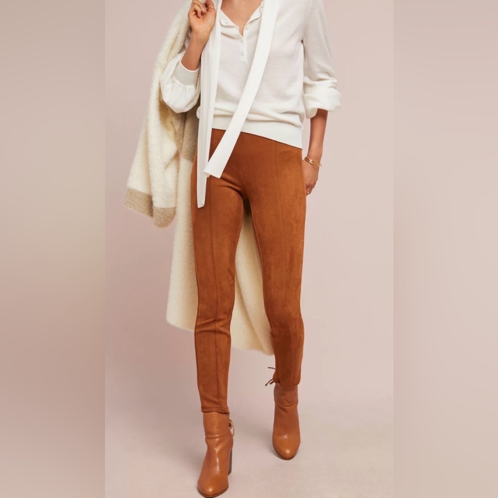 Anthropologie Brown Skinny Faux Suede Leggings zipper details size 30 petite - Picture 1 of 12